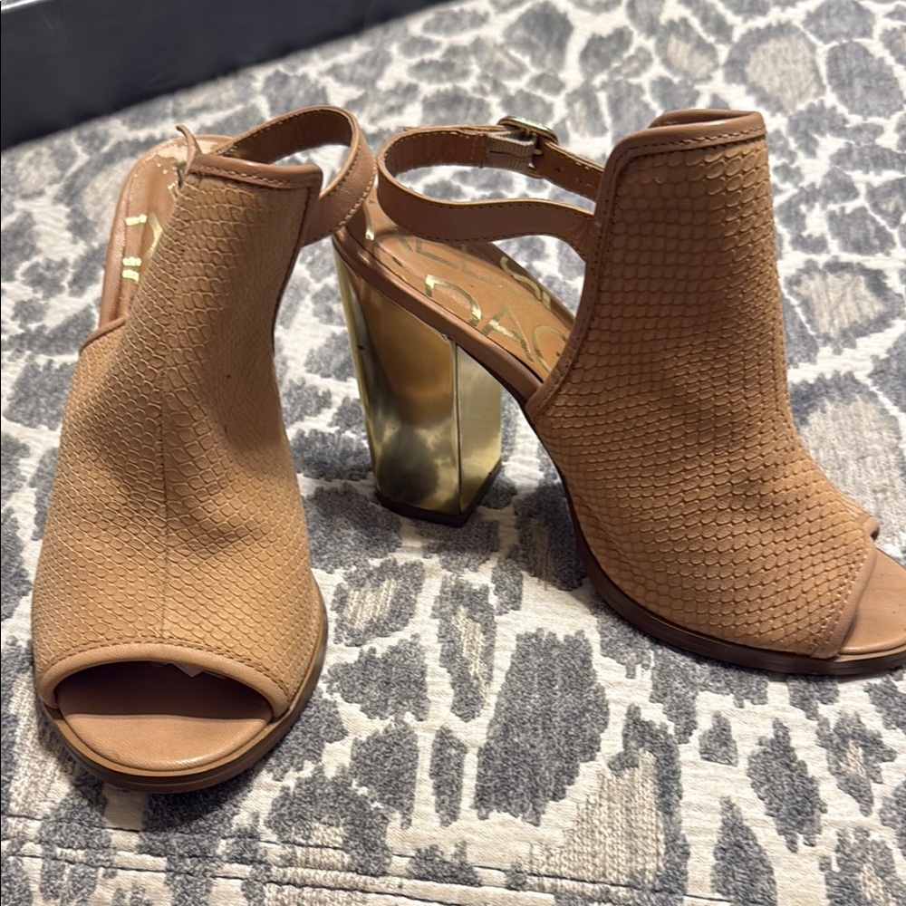 Kelsi Dagger Tan Peep-Toe Heels with Block Heel